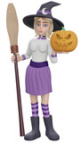 3d render. Cute witch holding a pumpkin and smile at the camera.
