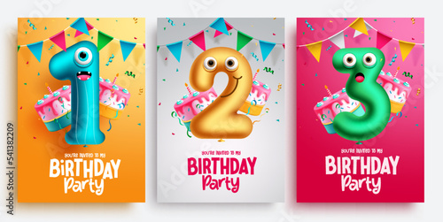 Birthday party vector poster set design. Birthday greeting text lay out collection with inflatable number balloons and cake elements for background decoration. Vector Illustration.
