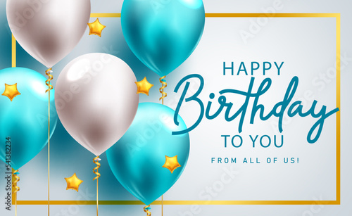 Happy birthday greeting text vector design. Birthday balloons floating elements for boy party decoration background. Vector Illustration.