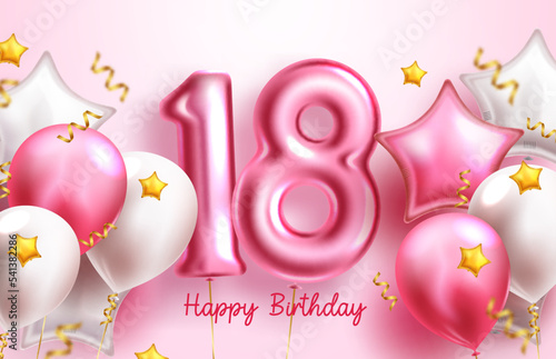 18th birthday balloon vector design. Happy birthday text with 18 number inflatable balloons party elements for greeting card background. Vector Illustration. photo