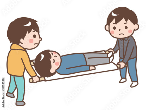 簡易担架で人を運ぶ子供