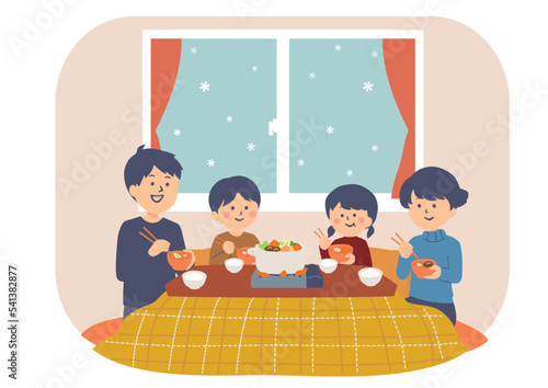 こたつで鍋をする家族のイラスト