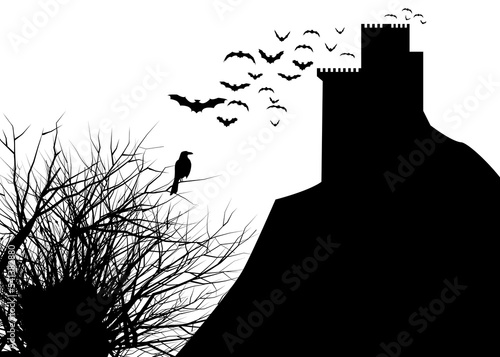 Medieval castle silhouette, ravens on dry branches and flying bats. Black ink on white background. photo