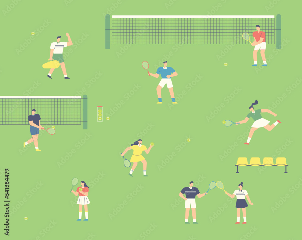 Many people are playing tennis on the wide green lawn. There is a tennis net and benches. flat vector illustration.