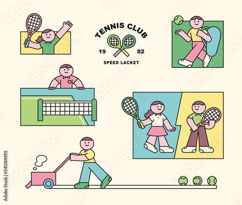 A person drawing a line on a tennis court, a person carrying a bag to play tennis, a person holding a tennis racket. flat vector illustration.