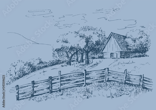 Green grass field on small hills. Meadow, alkali, lye, grassland, pommel, lea, pasturage, farm. Rural scenery landscape panorama of countryside pastures. Vector sketch illustration