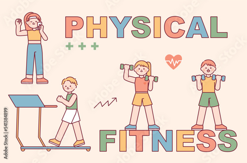 fitness center. Cute character people are exercising with exercise equipment. flat vector illustration.