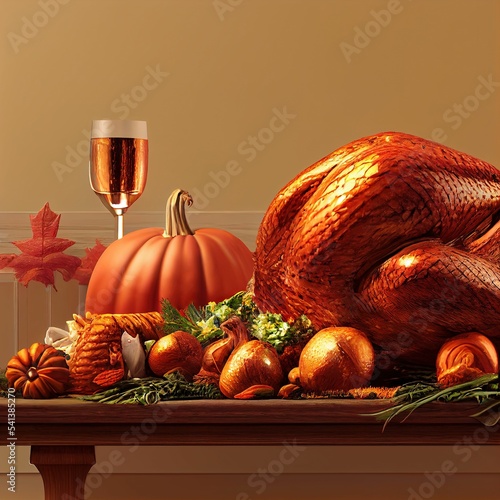 Traditional thanksgiving dinner with roasted turkey and pumpkin on table