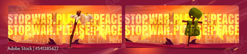 Set of stop war cartoon banners. Vector illustration of destroyed city buildings on fire and soldier grave with body armor on cross, white flag on pole. Collection posters calling for peace in world