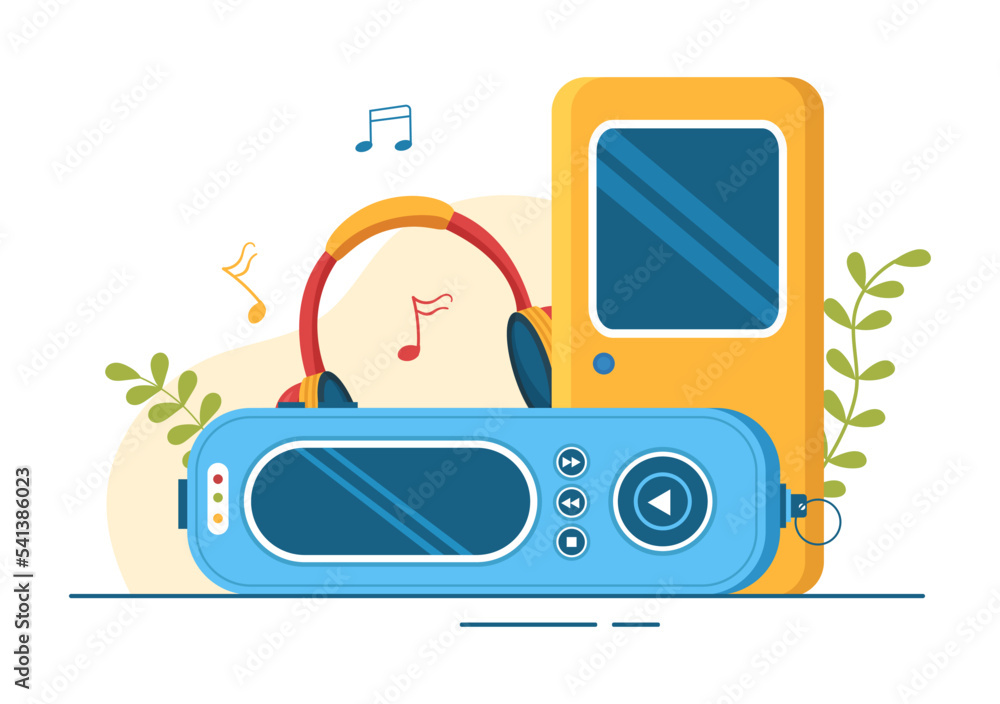 MP3 Player with Headphones, Headset and Phone of Music Listening Devices in Mobile App on Flat Cartoon Hand Drawn Templates Illustration