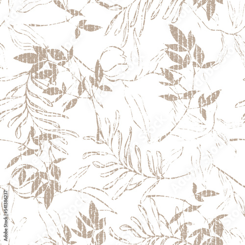 Abstract botanical background. seamless pattern in flat modern manner. Hand drawn isolated rounded shapes. Cut out leaves silhouettes. Outline sketch drawing. Good for fashion, textile, fabric, backg photo