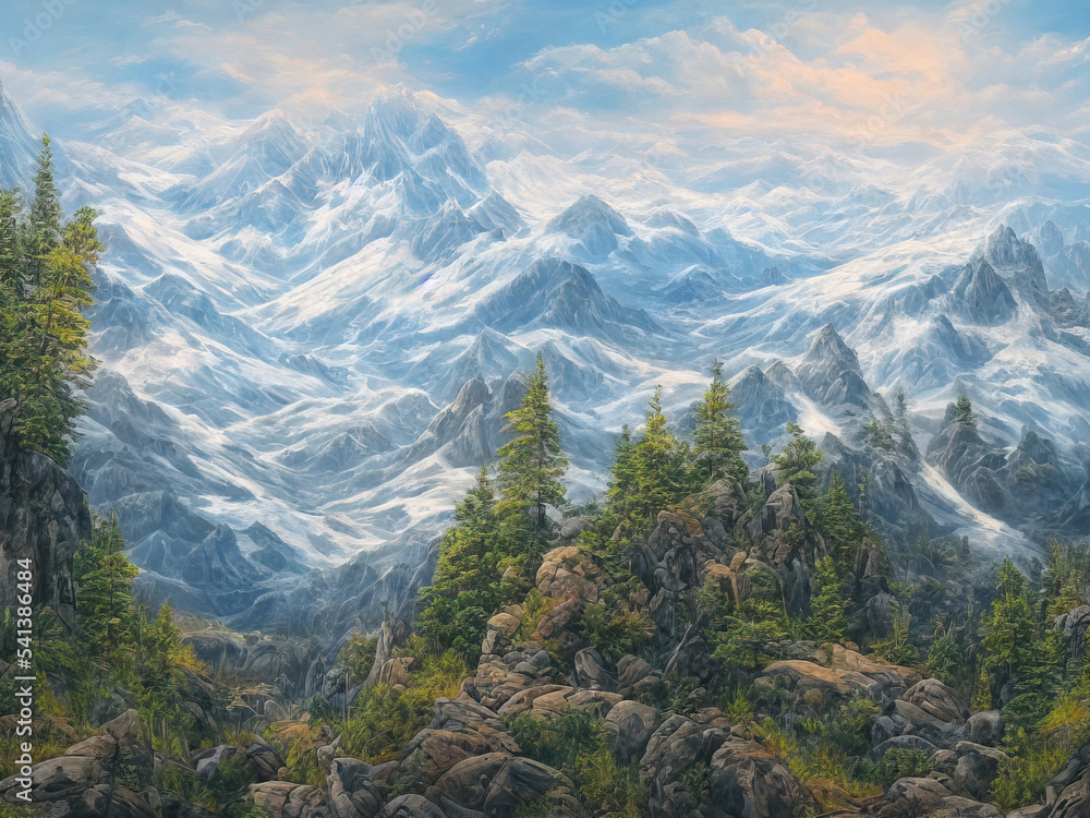 Ural Mountain Snow covered mountains and Landscape in winter, Digital Painting 