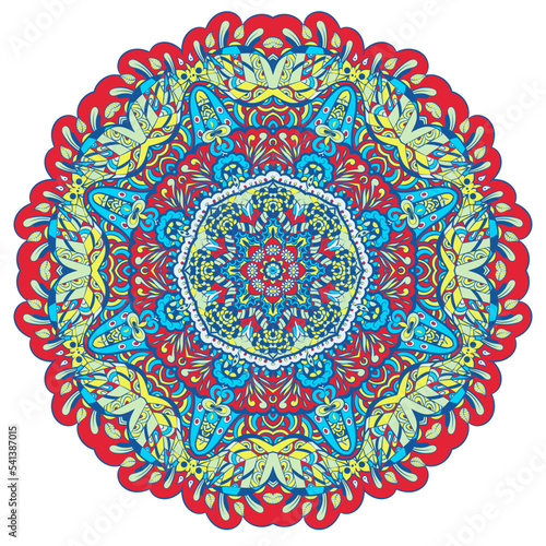 Mandala. Tracery wheel image. Mehndi design. Ethnic doodle art. Curved doodling picture. Vector