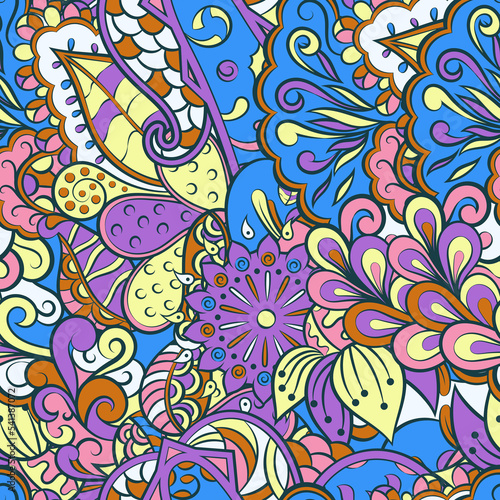 Tracery seamless pattern. Mehndi design. 7 colors. Ethnic doodle texture. Curved doodling background. Vector