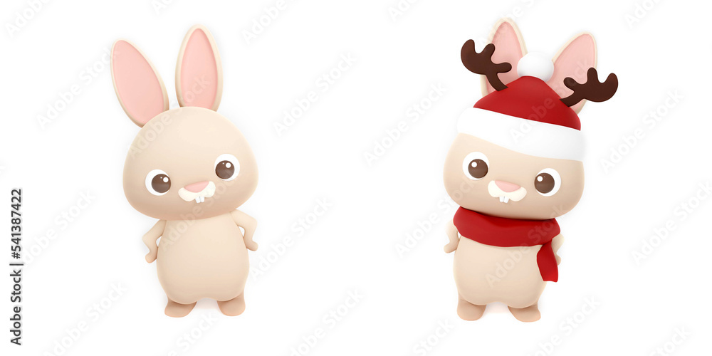 3d illustration two cute happy new year rabbits. Animal cartoon characters isolated on white background wearing red christmas hat with elk antler and scarf. 3D render