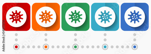 Virus, coronavirus, covid-19, infection vector icons, infographic template, set of flat design symbols in 5 color options