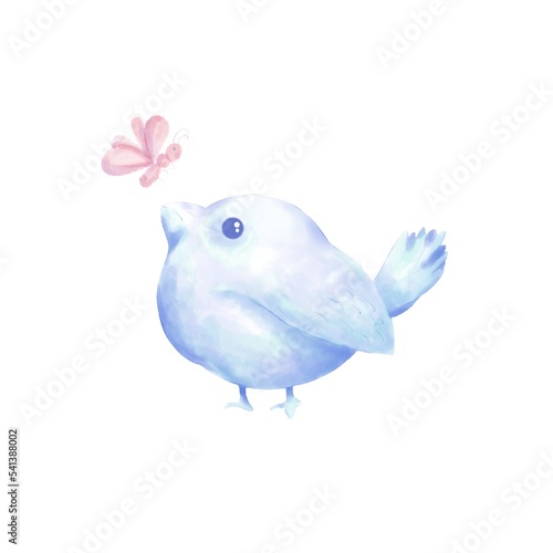 Drawing watercolor about bird , cartoon, green blue and pink, illustration