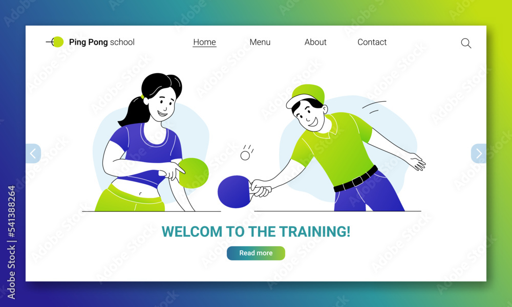 Welcome to table tennis training landing page template. Ping pong school, class, sport club, tournament website inteface. People doing leisure or competing cartoon thin line vector illustration