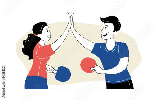 Ping pong players giving five to each other. Athletes playing table tennis. People taking part in sports competition, friends having good time together cartoon thin line vector illustration