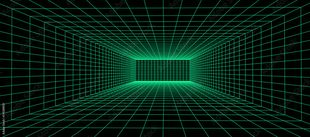 3d wireframe green room. Abstract perspective grid. Retro futuristic ...