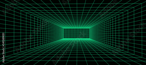 3d wireframe green room. Abstract perspective grid. Retro futuristic concept. Vector illustration.