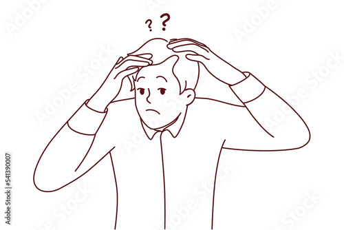 Frustrated young man anxious about receding hair. Worried male confused with hair loss or baldness. Skin problems and beauty. Vector illustration.