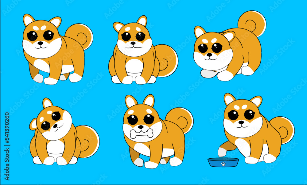 Different Shiba Inu dogs stand in different poses this pack