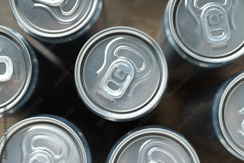 Concept of drink, blank cans, top view Concept of drink, blank cans, top view