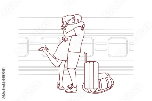 Happy couple hug meet at railway station. Smiling girl embrace guy welcome near train. Long distance relationship. Vector illustration.