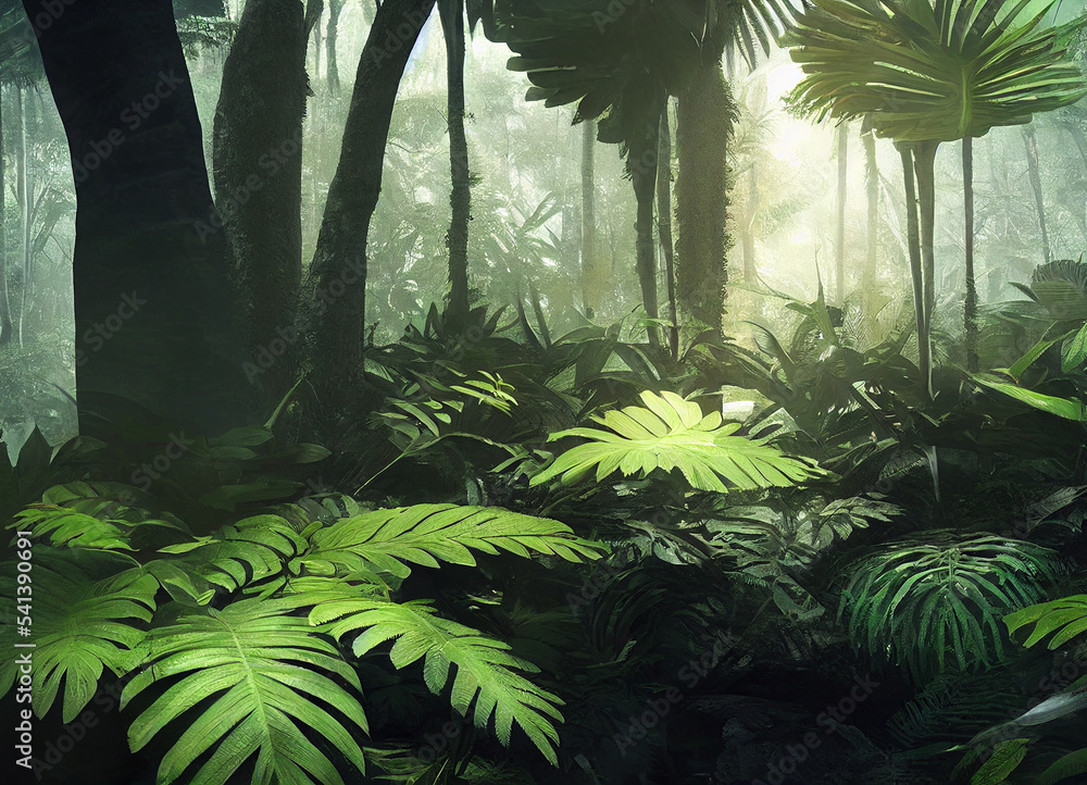 Naklejka premium Jungle scenery with beautiful trees and plants, natural green environment with amazing nature