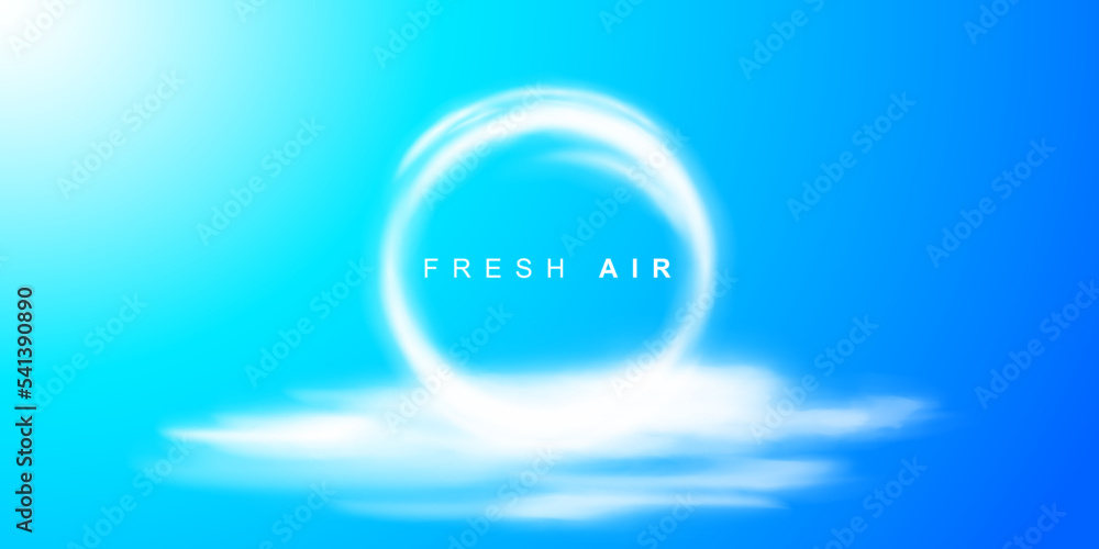 Creative cloud scene. Circle from the cloud in the blue sky. Gate to paradise. Round cloud frame for text or product presentation. Fresh clean air. Airy sky background. Vector illustration. Creative cloud scene. Circle from the cloud in the blue sky. Gate to paradise. Round cloud frame for text or product presentation. Fresh clean air. Airy sky background. Vector illustration.