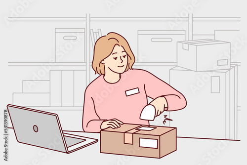 Woman employee work with scanner at warehouse. Smiling female worker packing parcels at storehouse or depot. Occupation. Vector illustration. 