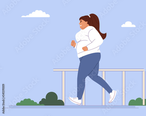 Overweight woman running at street. Chubby lady making cardio workout outdoor. Fat girl jogging in city for weight loss and fight against obesity. Flat graphic vector illustration