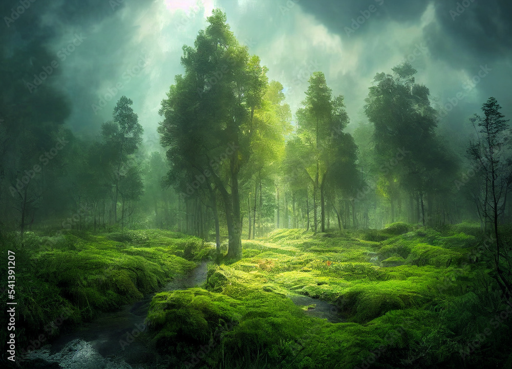 Fototapeta premium Forest scenery with beautiful trees and plants, natural green environment waith amazing nature