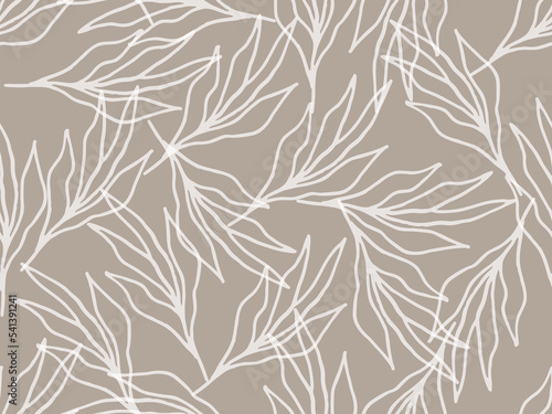 Vector illustration of tropical leaves botanical seamless pattern on beige. Floral organic background.