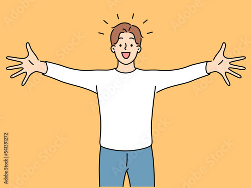 Excited man stretch hands for hug 