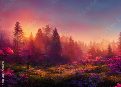 colorful sunset forest scenery with beautiful trees and plants, natural green environment with amazing nature