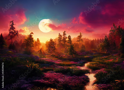 colorful sunset forest scenery with beautiful trees and plants  natural green environment with amazing nature