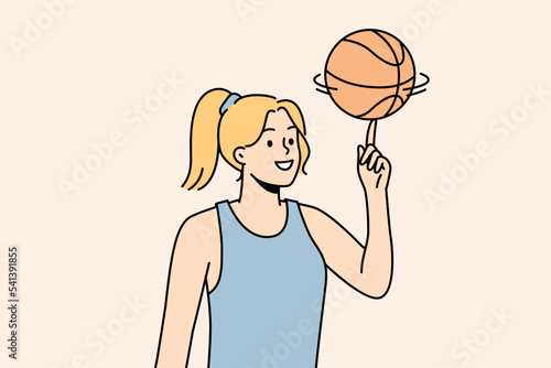 Smiling young woman athlete spin ball on finger. Happy girl basketball player play with ball. Sport and game activity. Vector illustration. 