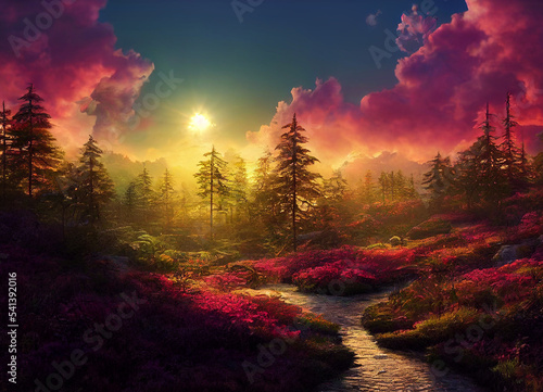 colorful sunset forest scenery with beautiful trees and plants  natural green environment with amazing nature