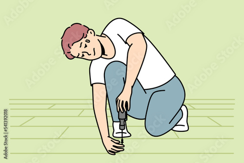 Young man with screwdriver repairing floor indoors. Exhausted male put tiles or parquet at home. Renovation and repair. Vector illustration. 