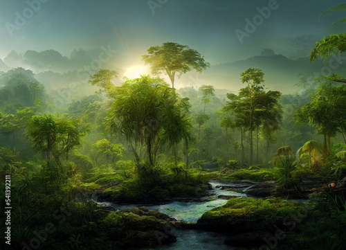 Jungle scenery with beautiful trees and plants, natural green environment with amazing nature