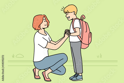 Smiling mother seeing small teen son with backpack to school. Happy caring mom get off excited boy child to kindergarten. Vector illustration. 
