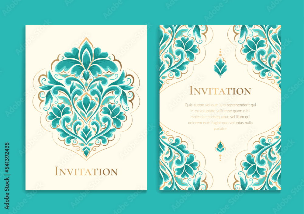 Turquoise and gold luxury invitation card design with vector ornament pattern. Vintage template. Can be used for background and wallpaper. Elegant and classic vector elements great for decoration.