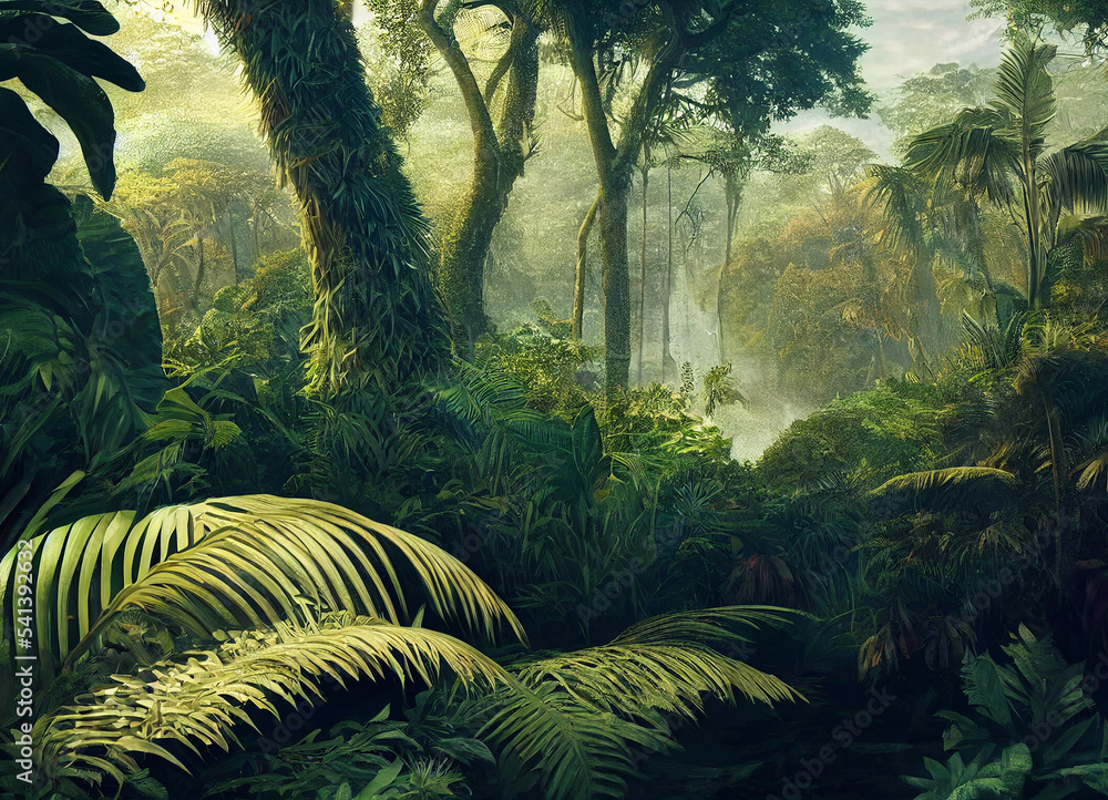 Jungle Scenery With Beautiful Trees And Plants Natural Green 