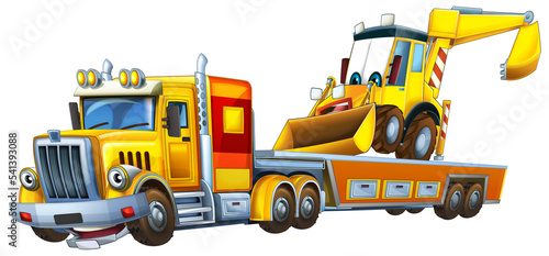 cartoon tow truck driving car excavator illustration