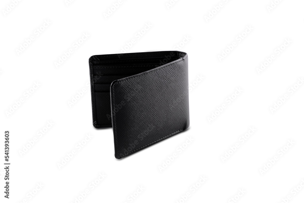 Fototapeta premium top view of new black genuine leather wallet inside isolated on white background
