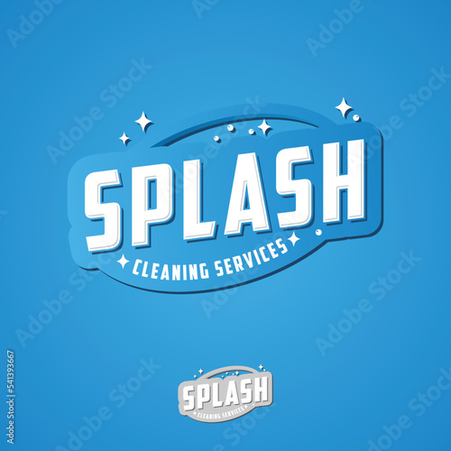 Professional business cleaning services logo design emblem in blue color, Splash logo cleaning service vector graphic, soap bubble, stars, clean symbol icon