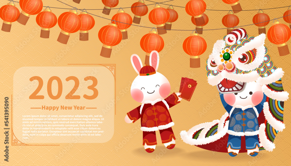 2023 Chinese New Year text with lantern and rabbit