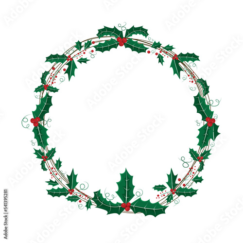 Christmas wreath for decoration, Christmas round frame with holly leaves,